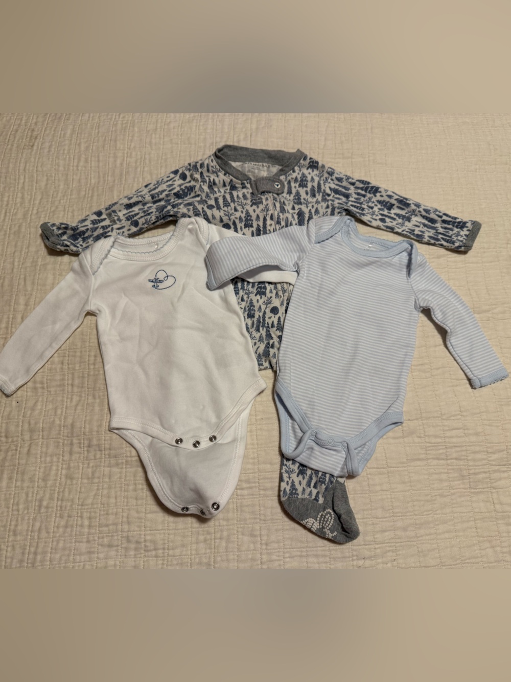 Lot of three bodysuits Burt’s Bees Long-Sleeve One-Piece footed PJ and 2 others